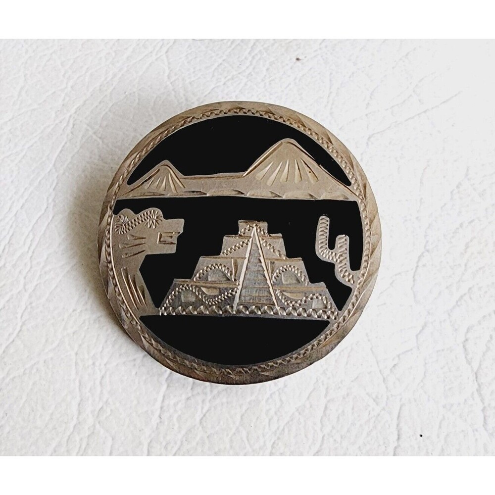 Vintage Mexico Sterling Silver Wood Aztec Mayan Pyramid Pendant Brooch 2" 15g